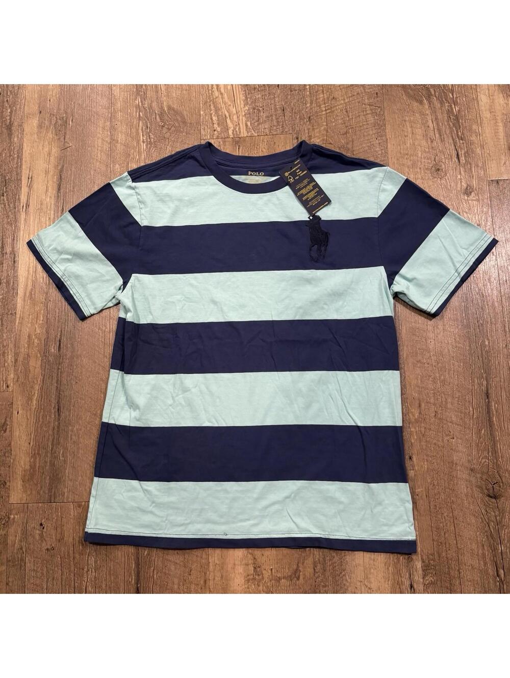 Boys Large RALPH LAUREN Big Pony Blue Striped T-Shirt 100% Cotton 14-16 L $45